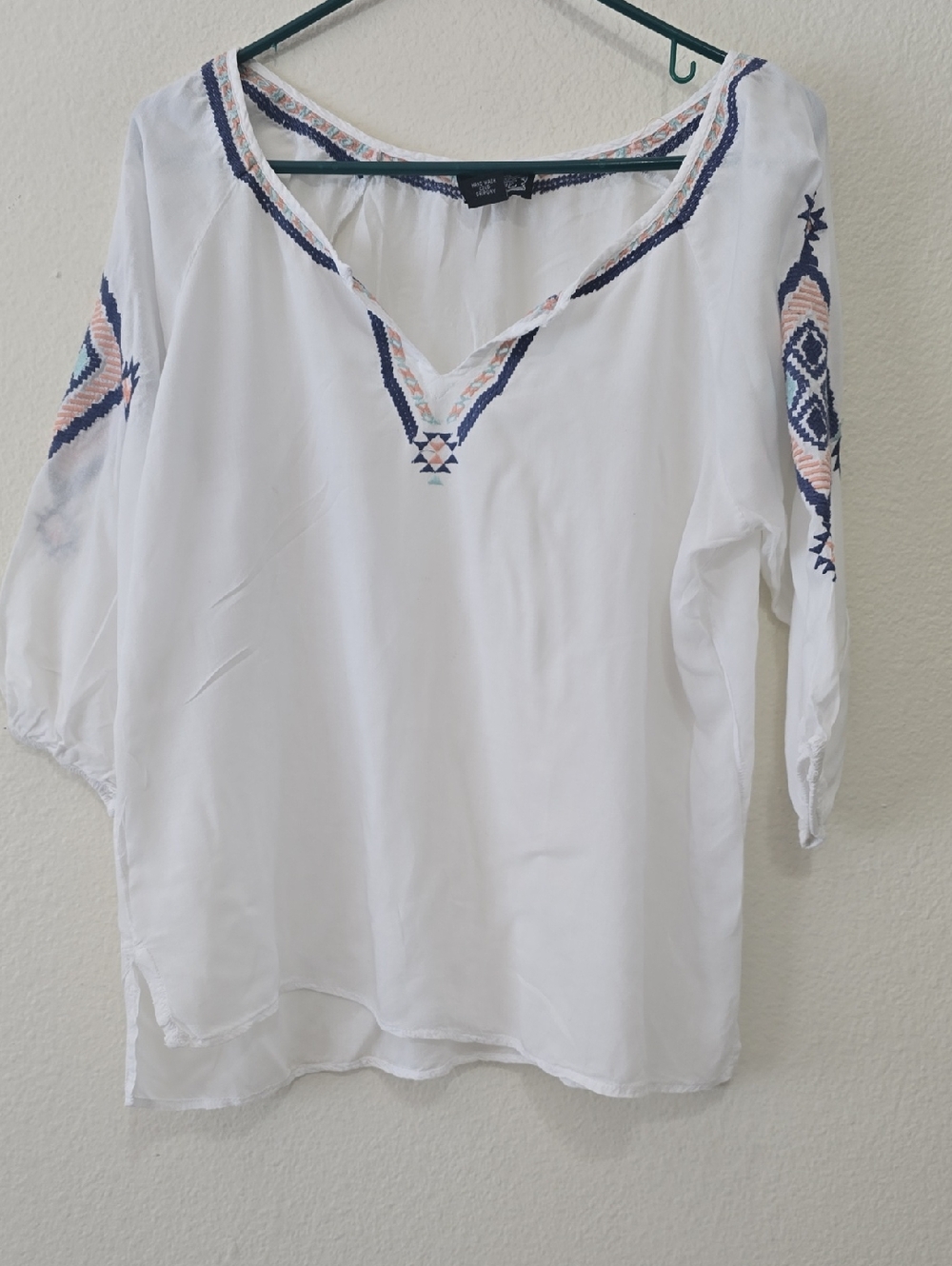 Angie White Tunic with Navy and Blush Embroidery M
